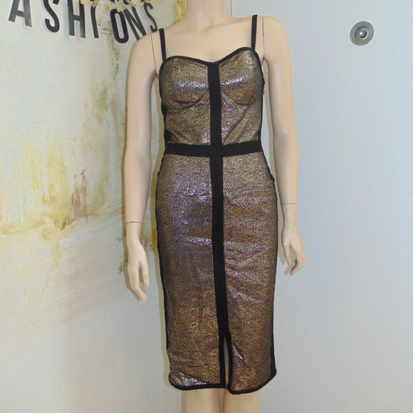 Sexy Black & Gold Pencil Bodycon WOW Dress XS/S - Picture 2 of 4